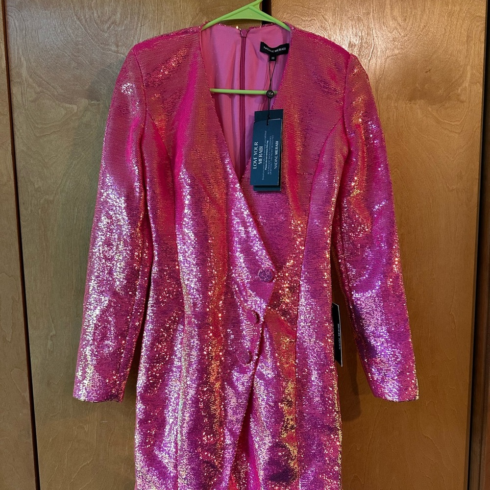 NADINE MERABI Vibrant Pink Sequin Blazer Dress